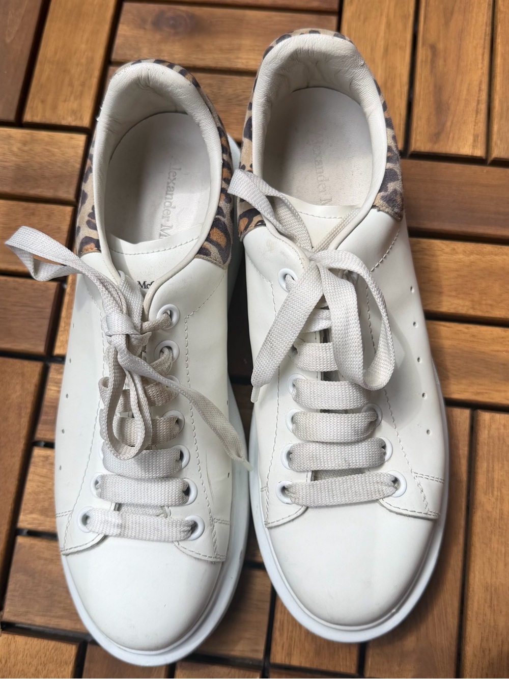 Alexander McQueen White Leather Platform Sneakers with Leopard Heel